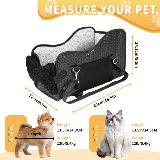 Comfortable Central Console Small/ Medium Dog/Cat Car Seat holds up to 12lbs/ 13.5in, Portable Cozy Booster Car Seat, Deluxe Pet Car Seat for Dogs & Cats with Safety Harness, Breathable Mesh & Soft Padding - for Safe & Comfor