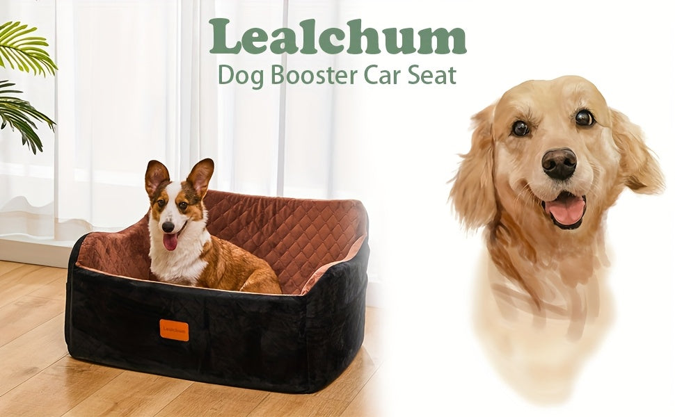 Memory Foam Dog Seat | Comfortable Car Dog Seat for Two Small Dogs or Large Dog up to 55lbs with Side Pockets and 3 Clip-on Safety Leashes, Plush Material, 30in x 19in