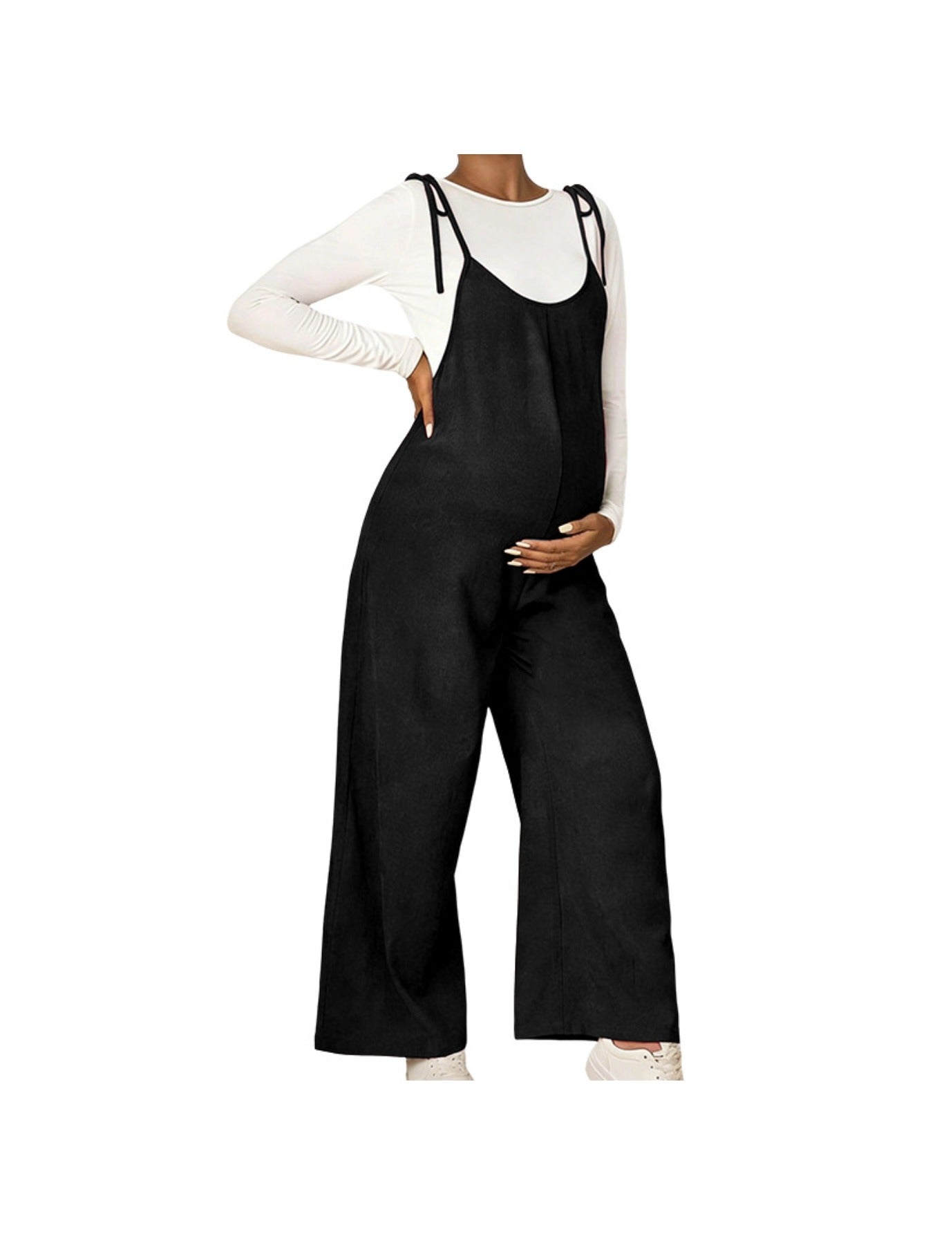 Maternity -  Strappy High Waist Wide Leg Jumpsuit Loose Fit Comfortable Belly Support Versatile Pregnancy Pants