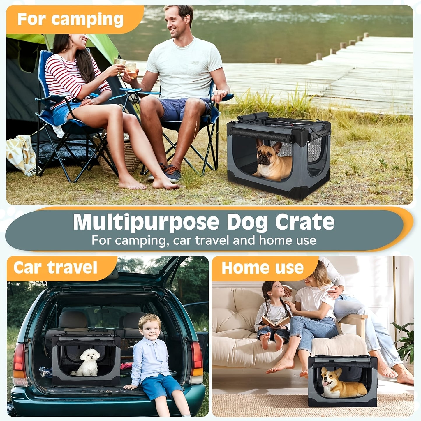 Collapsible Crate for Medium Size Dogs | 3-Door Foldable Soft Kennel with Chew Proof Mesh Windows for Indoor & Outdoor Travel, Folding Portable Soft Pet Dog Crate Carrier Kennel 24/30in, Zipper Closure