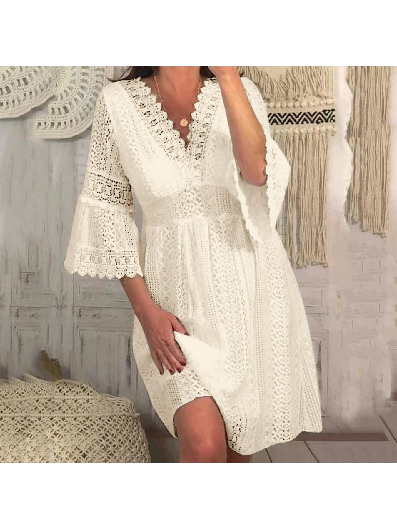 Solid Color 3/4 Sleeve Maternity Dress with V Neck And Hollow Lace Flare Sleeves for Expecting Mothers