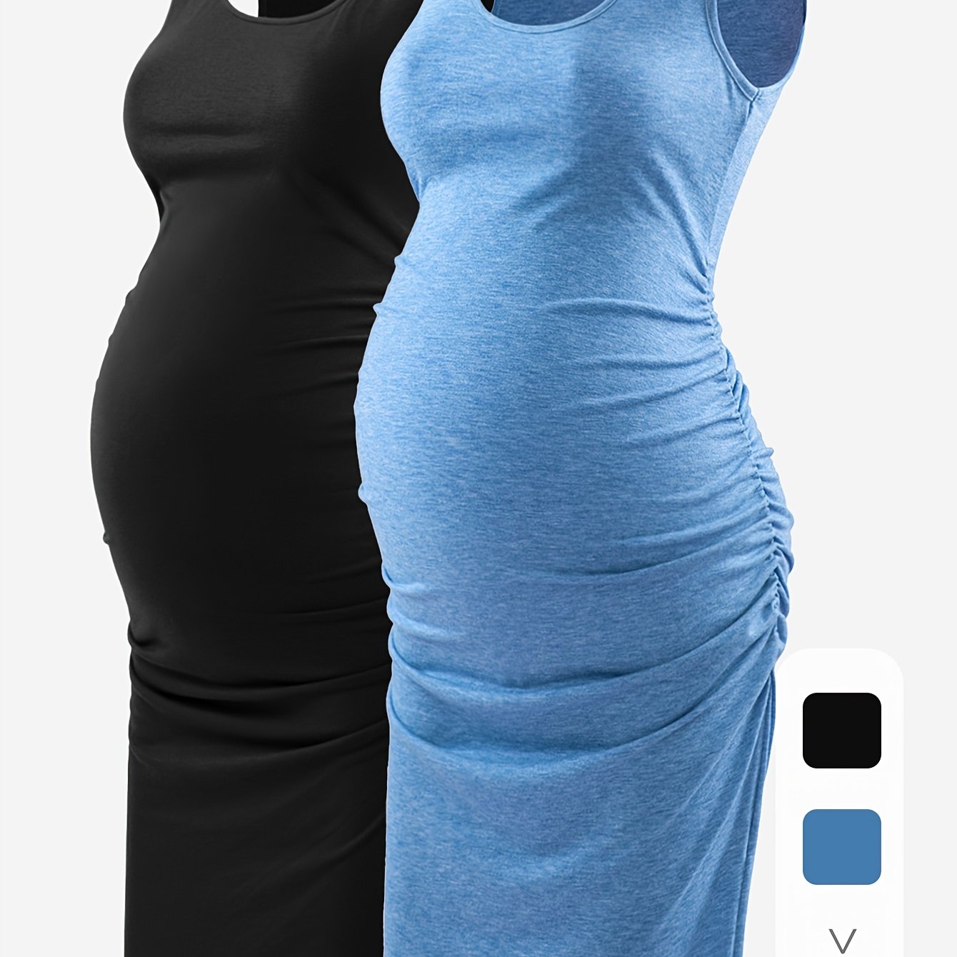 Maternity Tank Dresses - Women's Comfortable Crew-Neck Sleeveless Ruched Summer Dresses for Pregnant Women, All Seasons, Pregnancy Announcement Dresses - 2PCS