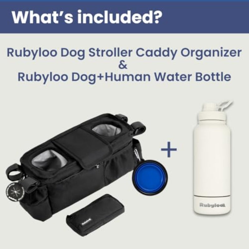 2-in-1 Dog Stroller Caddy Hydration System: Insulated Water Bottle & Bowl with Stroller Organizer - Leakproof Stainless Bottle, Poop Dispenser, Treat Pocket & Cup Holders - Compatible for dog strollers (Walks, Hikes, Park)