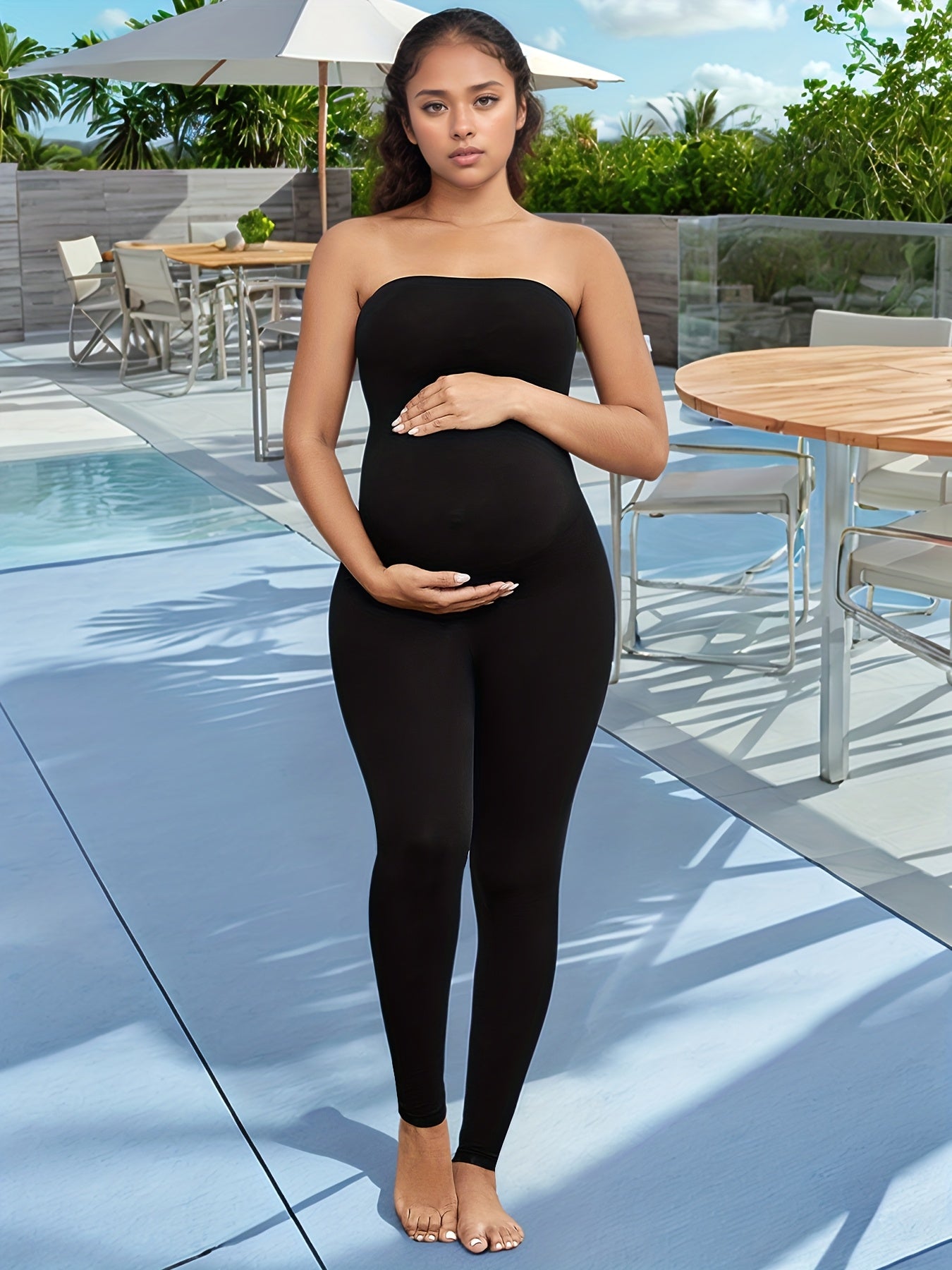 Maternity Bodysuit for Women, Strapless Seamless One-Piece, Stretchy Shapewear Jumpsuit with Under Belly, Elegant Full-Length Wear, Suitable for Prenatal & Postpartum, Machine Washable