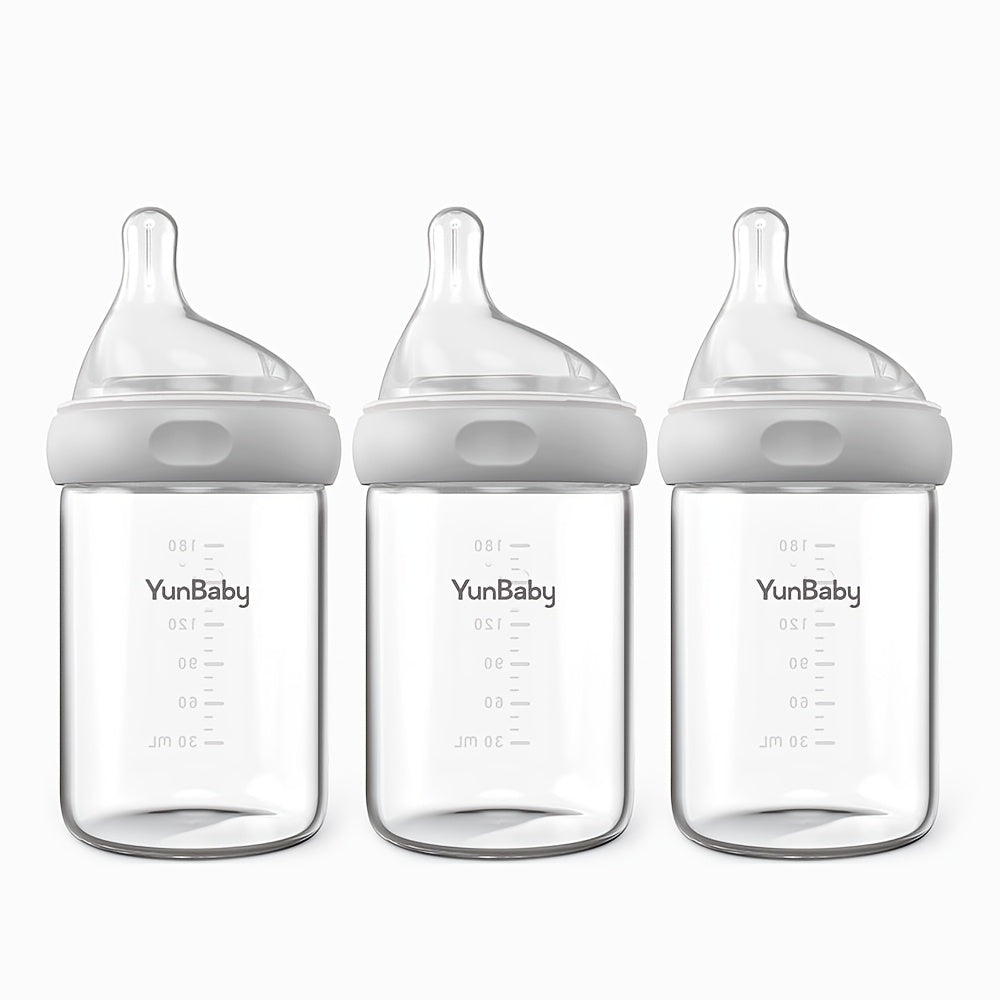 Natural Glass Baby Bottle | For Breastfeeding Babies, Newborn Anti-Colic Bottle Set With Slow Flow Nipple, 0+ Months, 6.9 Oz, 180ML, White, BPA-Free, Durable & Easy To Clean, Perfect Christmas Gift