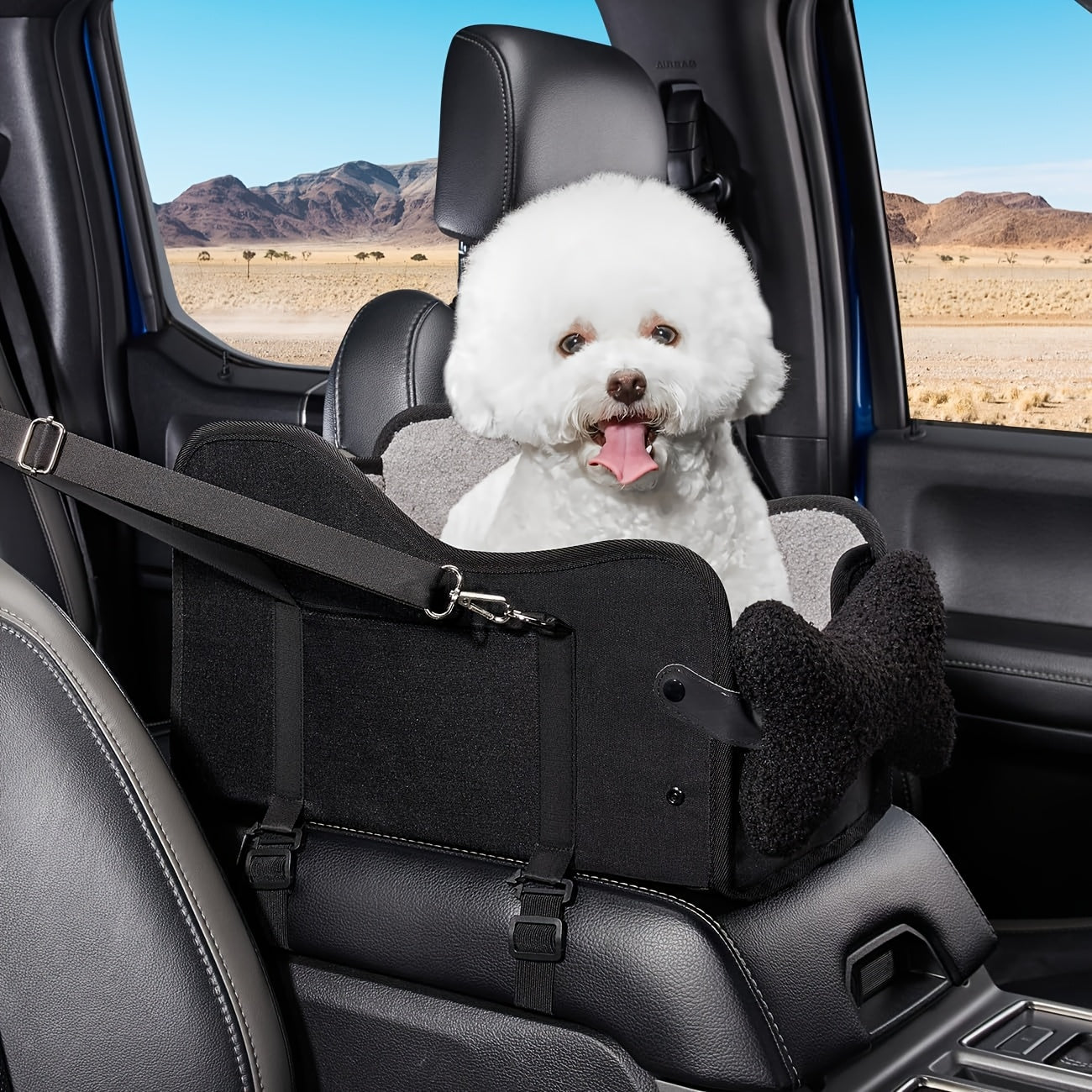 Comfortable Central Console Small/ Medium Dog/Cat Car Seat holds up to 12lbs/ 13.5in, Portable Cozy Booster Car Seat, Deluxe Pet Car Seat for Dogs & Cats with Safety Harness, Breathable Mesh & Soft Padding - for Safe & Comfor