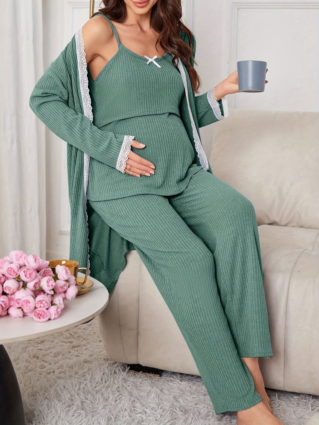 Nursing Maternity - 3pcs Pajama Set, Soft and Comfy Spaghetti Strap Breastfeeding Top and Pant with Delicate Lace Trim Cardigan