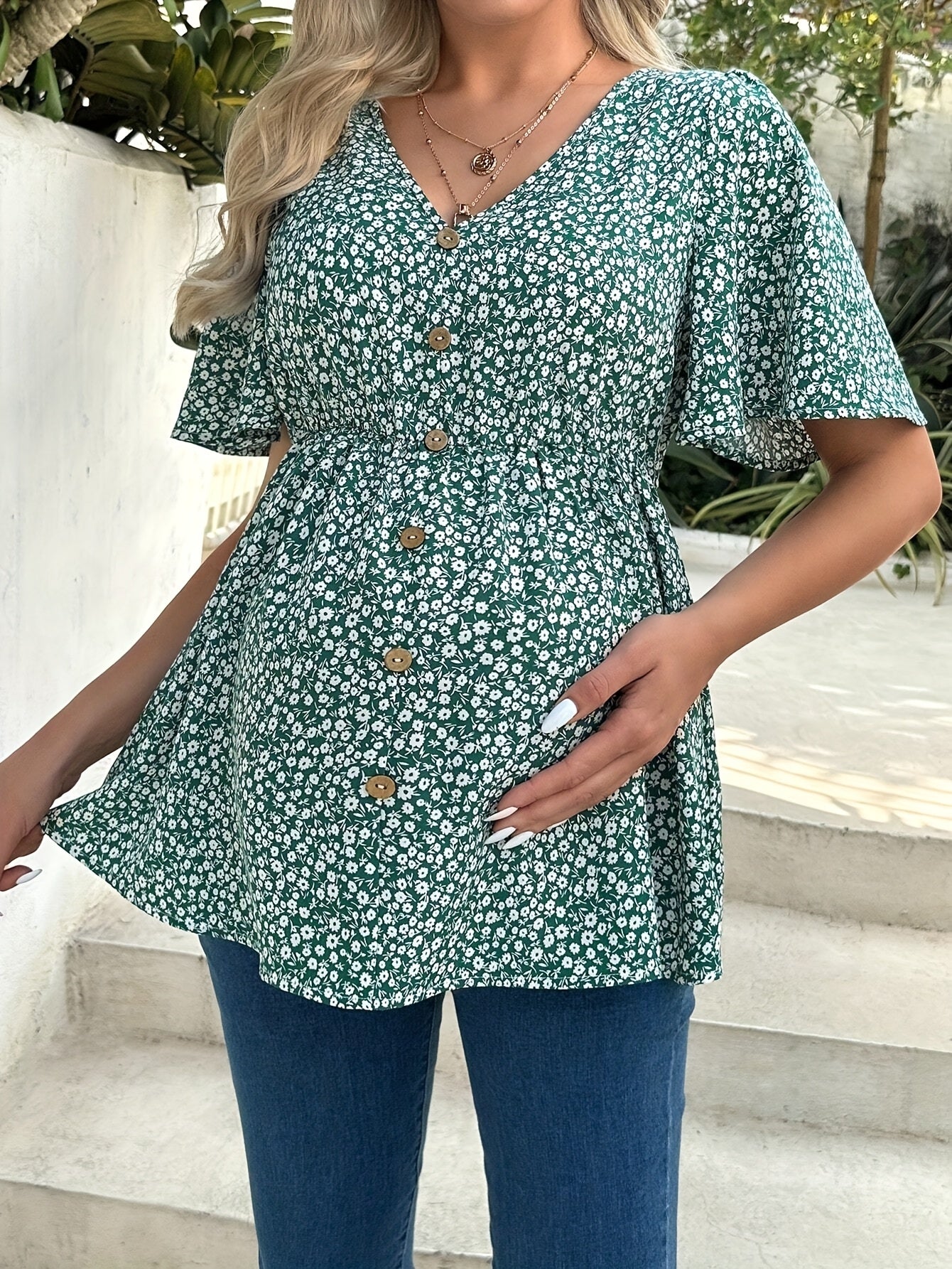 Maternity Shirt with Front Buttons and Waist Tightening, Featuring Small Floral Pattern