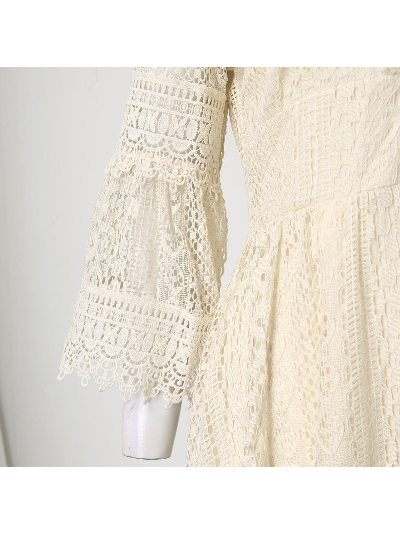 Solid Color 3/4 Sleeve Maternity Dress with V Neck And Hollow Lace Flare Sleeves for Expecting Mothers