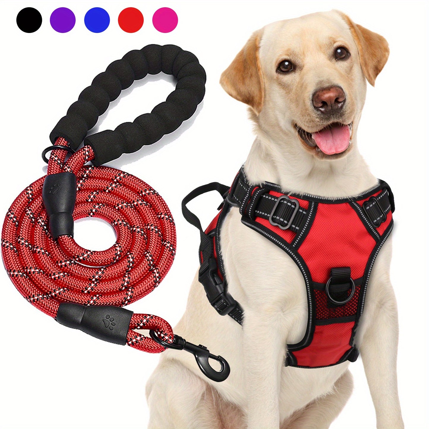 JOYTALE Adjustable Reflective Oxford Dog Harness and Rope Set | Easy Control for Medium to Large Dogs, Includes Free Heavy 5-Foot Dog Rope