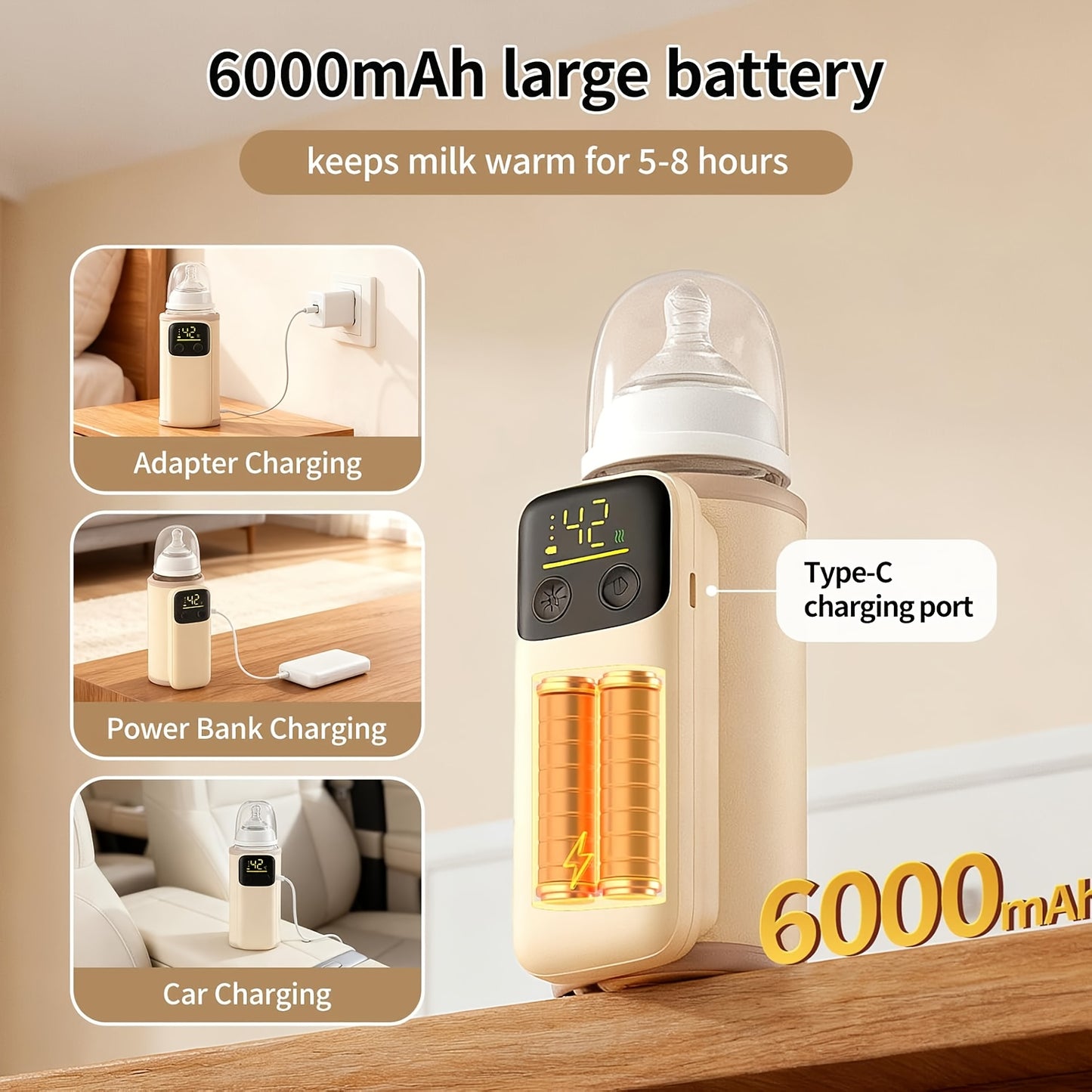 A Mobile Device for Warming Bottles, Ideal for Both Breast Milk And Formula. This Portable Feeding Heats Breast Milk Without The Need for Water. It Features a Rechargeable 6000 Mah Battery And a Digital Display