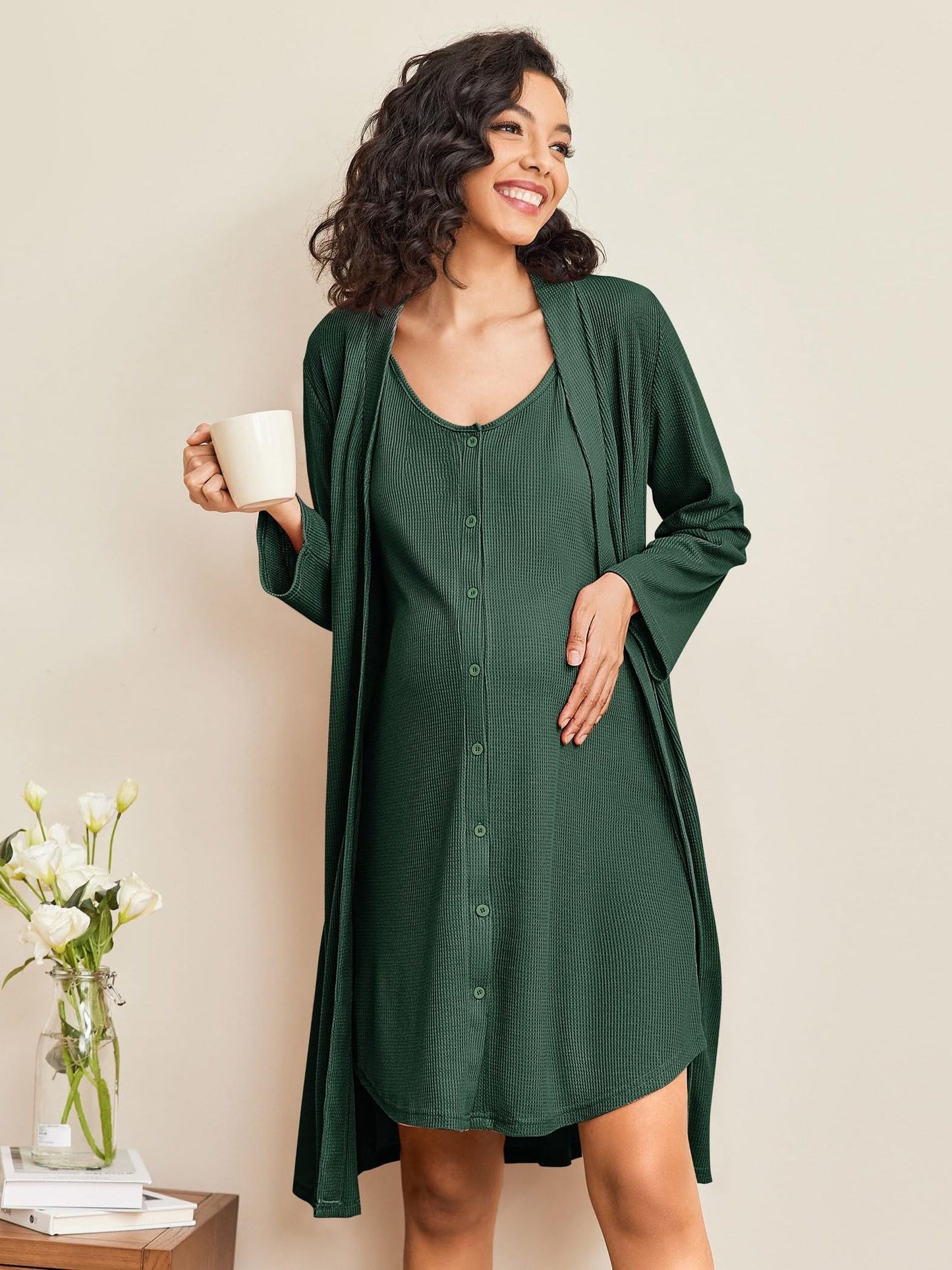Nursing Maternity Nightgown and Robe, 2 pc, Suitable for Prenatal and Postpartum Loungewear