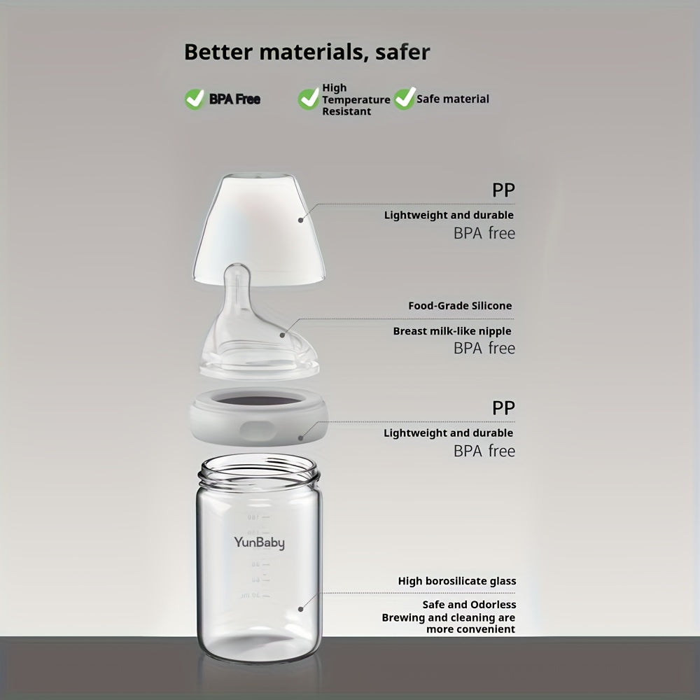 Natural Glass Baby Bottle | For Breastfeeding Babies, Newborn Anti-Colic Bottle Set With Slow Flow Nipple, 0+ Months, 6.9 Oz, 180ML, White, BPA-Free, Durable & Easy To Clean, Perfect Christmas Gift