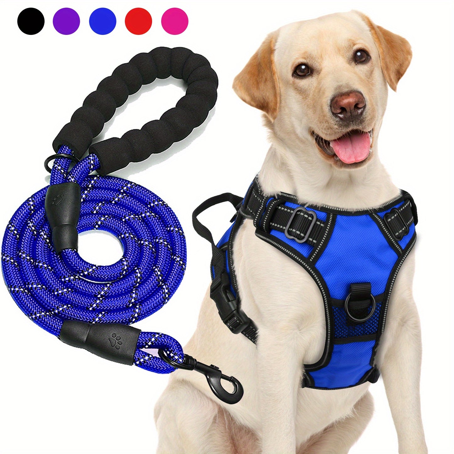 JOYTALE Adjustable Reflective Oxford Dog Harness and Rope Set | Easy Control for Medium to Large Dogs, Includes Free Heavy 5-Foot Dog Rope
