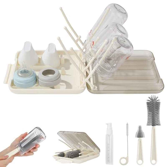 6-in-1 Baby Bottle Brush Set with Silicone Brushes, Drying Rack, Nipple Brush, Straw Brush & Storage Box - All-in-One Cleaning Kit with Soap Dispenser, Soft Bristles & Compact Travel for Breast Pump Parts, Sippy Cups, Teethin