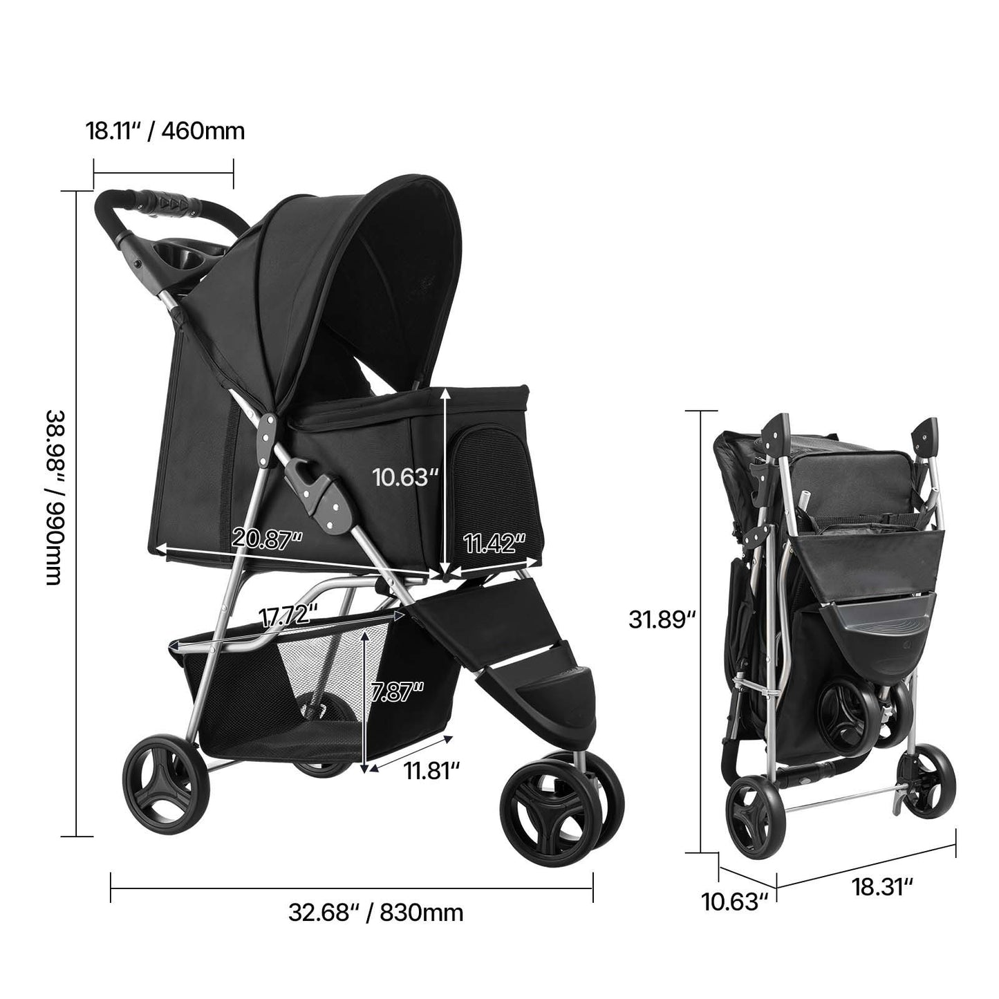 Foldable 3-Wheel Heavy-Duty Pet Stroller Cart Suitable for Small to Medium Dogs & Cats - Portable Dog Carrier Cart with Brake System, Cup Holders, Mesh Ventilation & Foldable, 35 Lbs Weight Capacity for Travel, Vet Visits, Ou