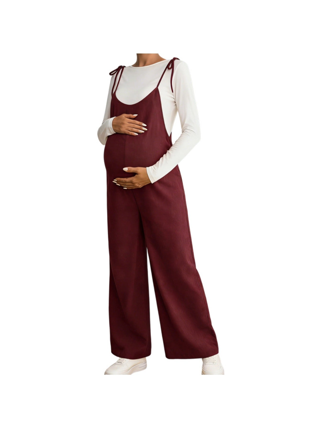 Maternity -  Strappy High Waist Wide Leg Jumpsuit Loose Fit Comfortable Belly Support Versatile Pregnancy Pants