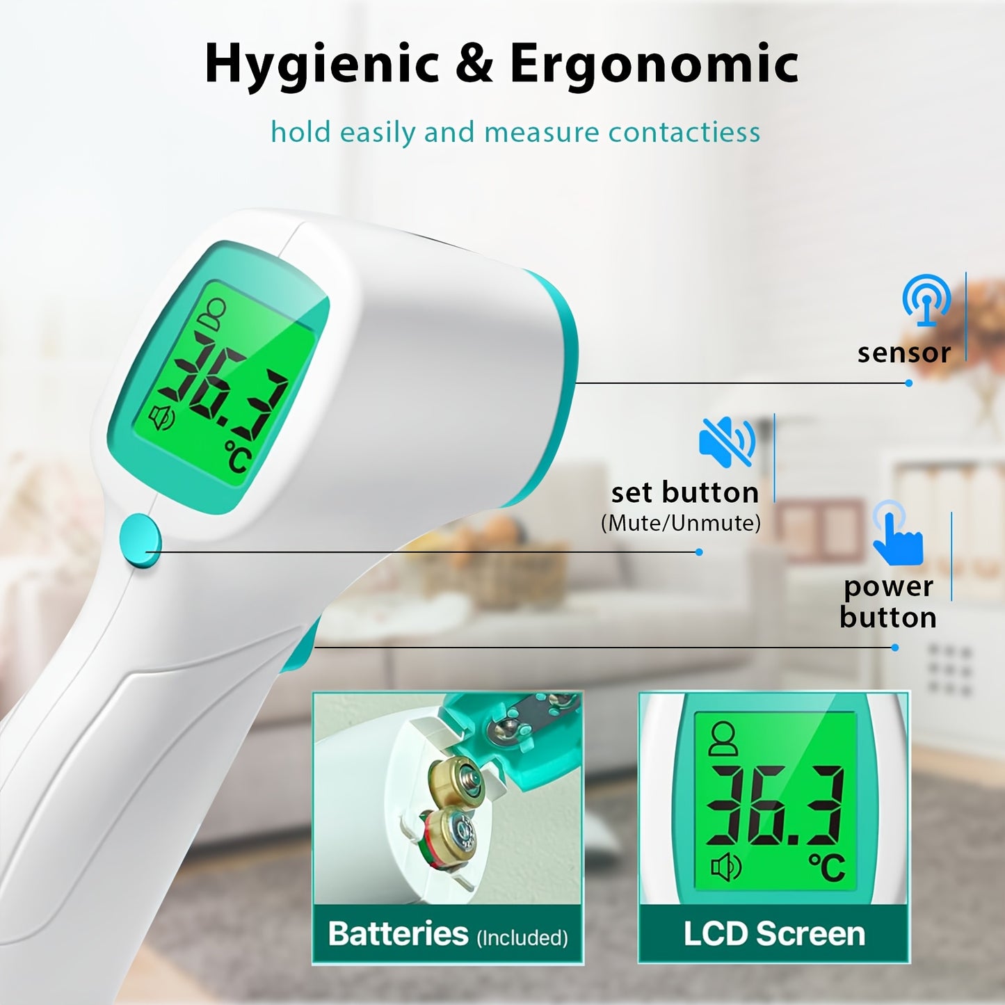 Thermometer Forehead Themmometer for Kids Digital Touchless Thermometer Infrared Forehead Thermometer with 3in 1 LCD Display Battery Included