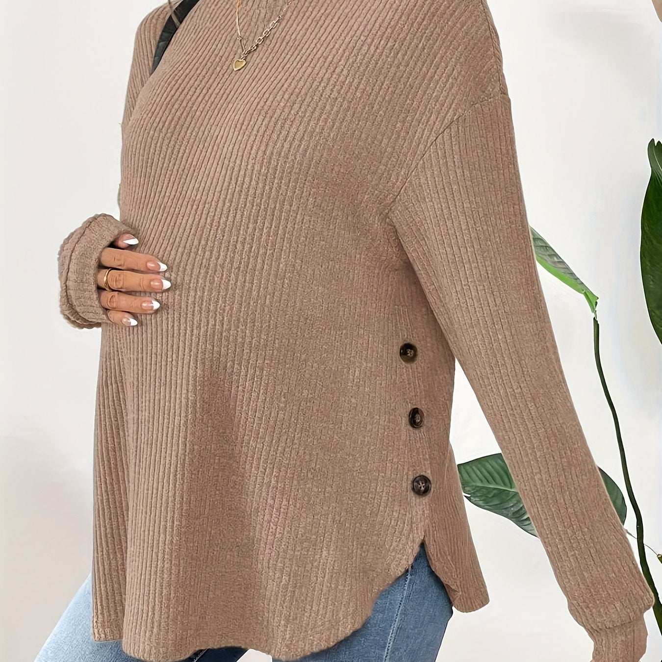 Maternity Long Sleeve Lined Knit Pullover Top With Adjustable Buttons, Round Neck, Perfect For Daily Wear AutumnWinter