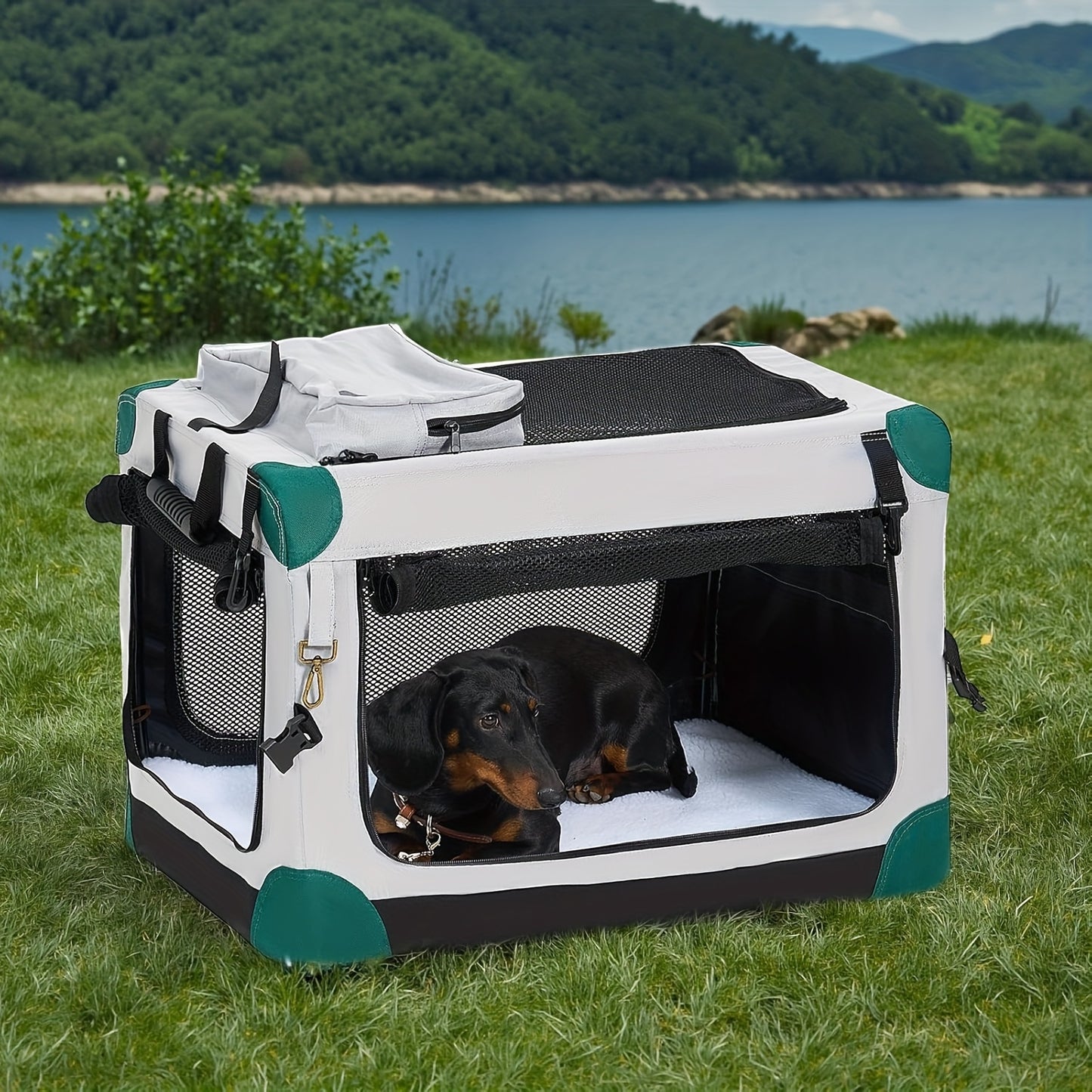 Nomipaw Pet Soft Collapsible Dog Crate - 26/30/36 Inch Portable Travel Dog Crate for Medium/Large Dogs Indoor & Outdoor, 3-Door Pet Crate with Durable Mesh Windows & Storage Bag, Blue