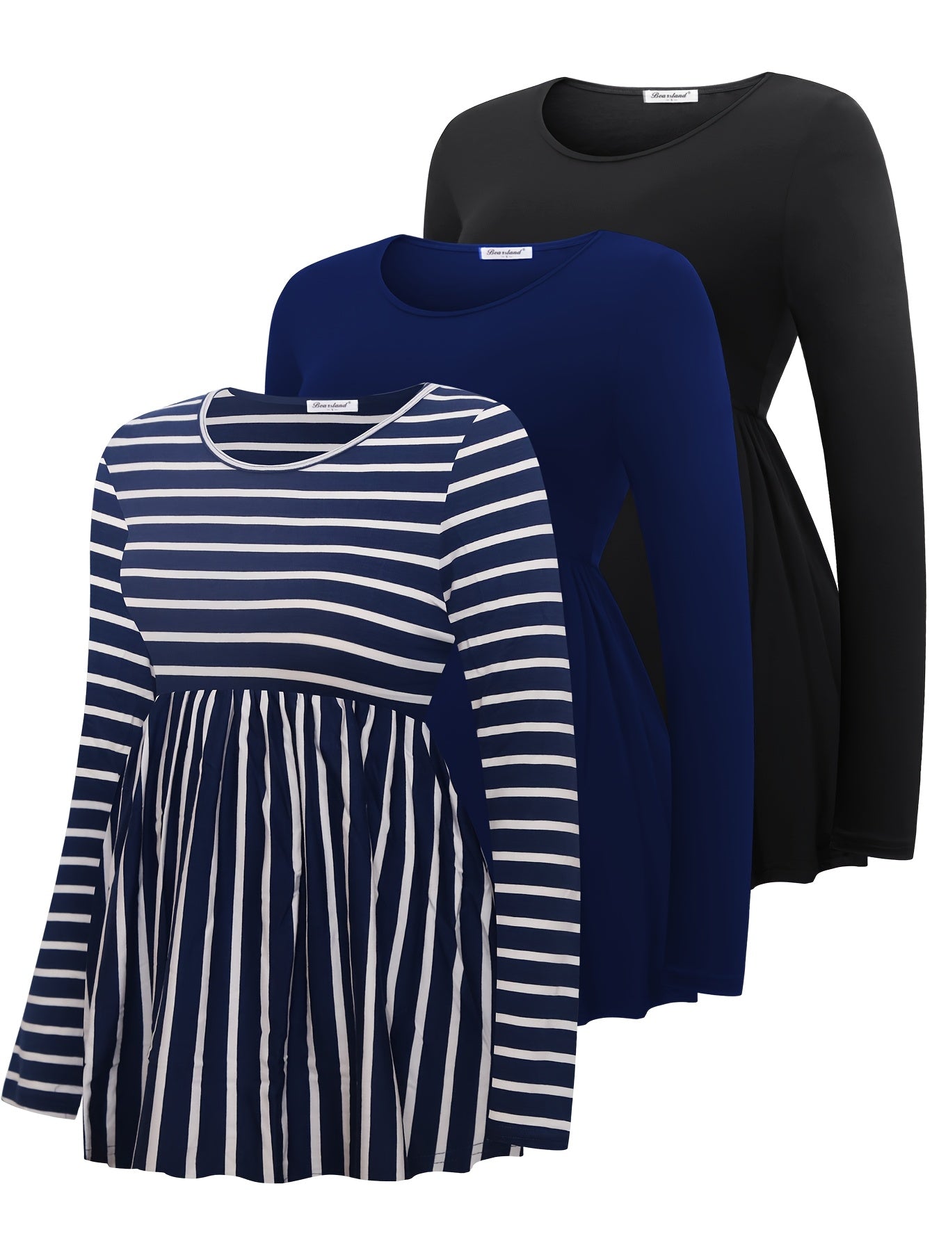 Maternity Long-Sleeve T-Shirts, Round Neck, Loose-Fitting, Comfortable Pregnancy Base Layer - Three-Pack Autumn/Winter