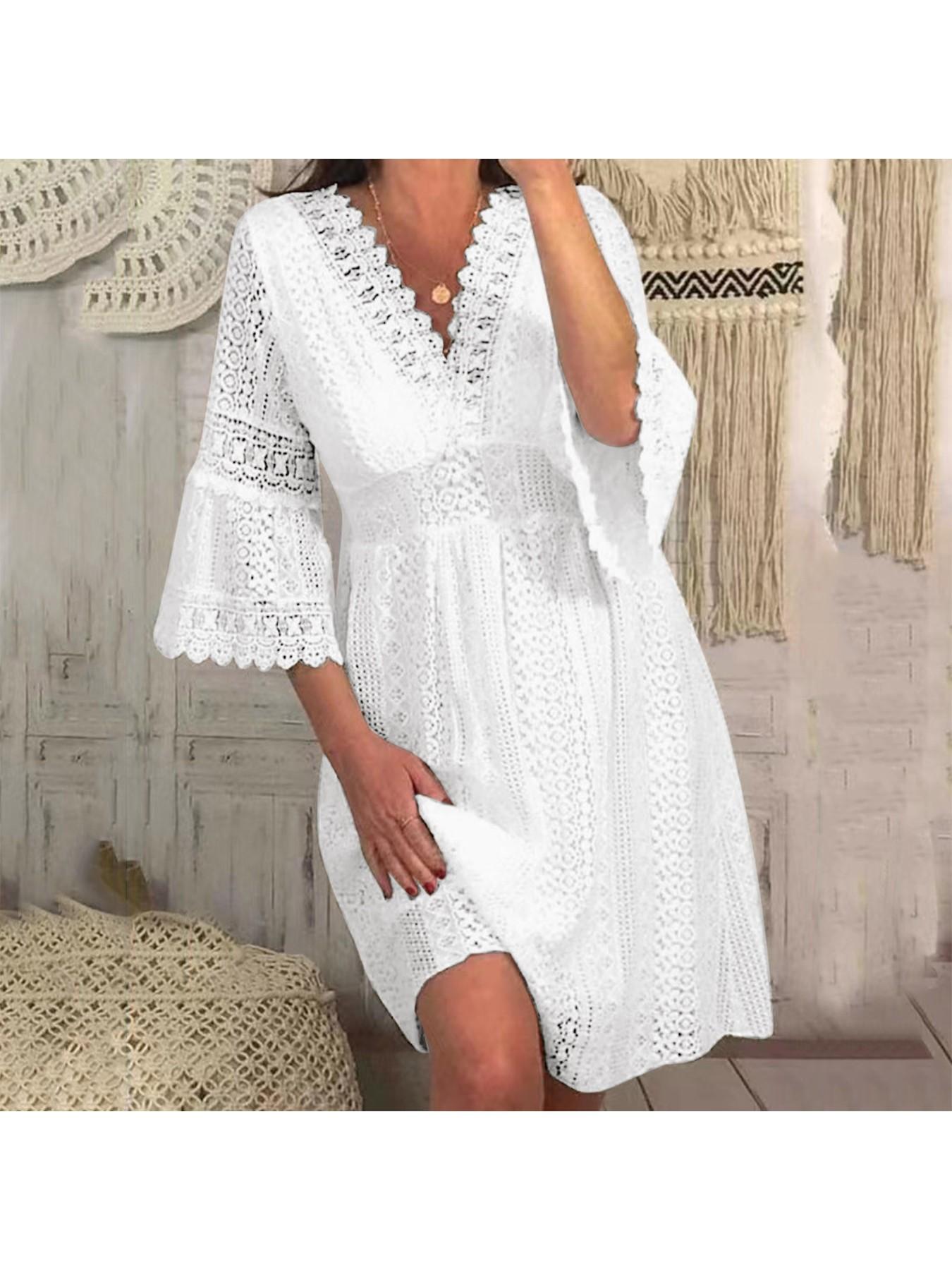 Solid Color 3/4 Sleeve Maternity Dress with V Neck And Hollow Lace Flare Sleeves for Expecting Mothers