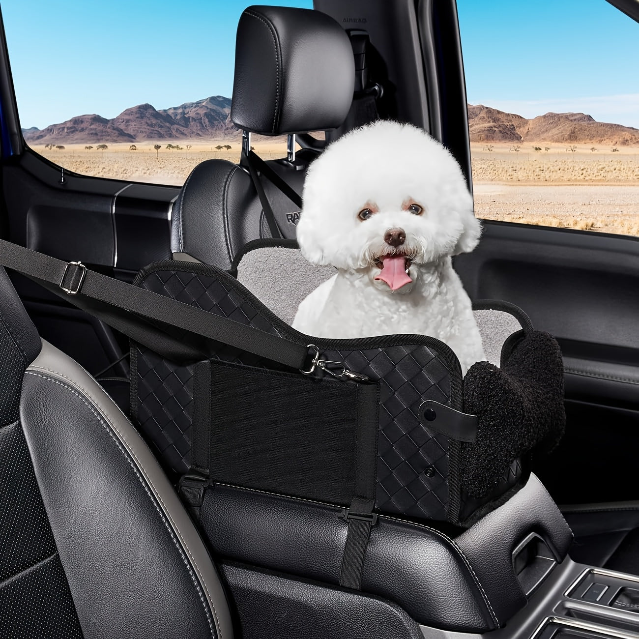 Comfortable Central Console Small/ Medium Dog/Cat Car Seat holds up to 12lbs/ 13.5in, Portable Cozy Booster Car Seat, Deluxe Pet Car Seat for Dogs & Cats with Safety Harness, Breathable Mesh & Soft Padding - for Safe & Comfor