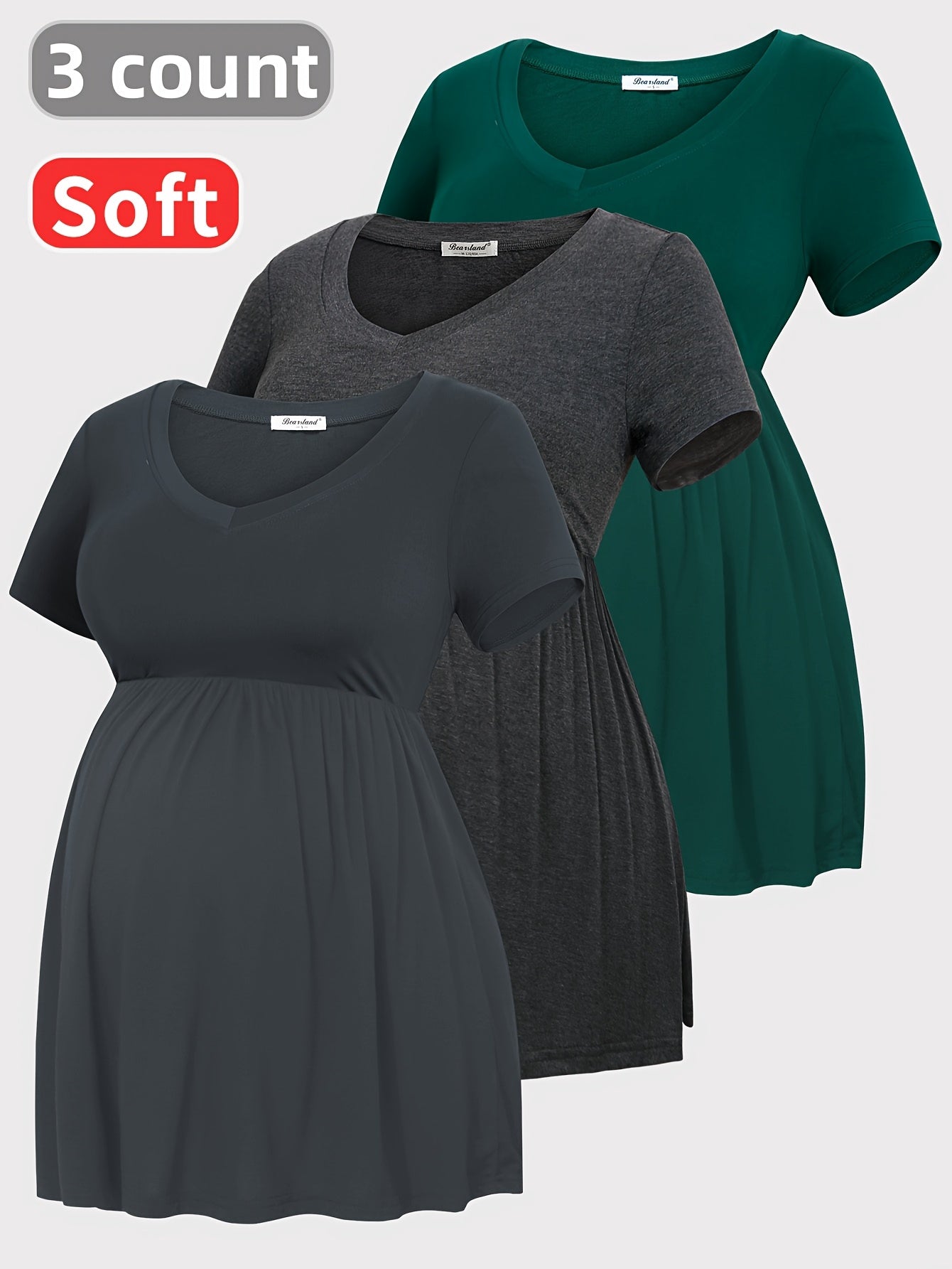 Maternity T-Shirts Soft and Comfortable Summer  3-Pack| Short Sleeve V-Neck, Pleated Hem, Medium Stretch Fabric for Pregnant Women