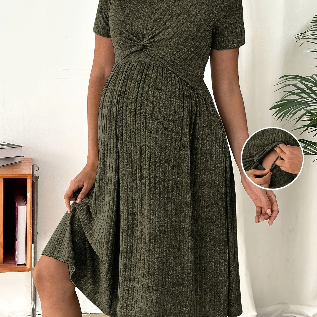 Casual Solid Color Twist Neck Nursing Dress, Summer