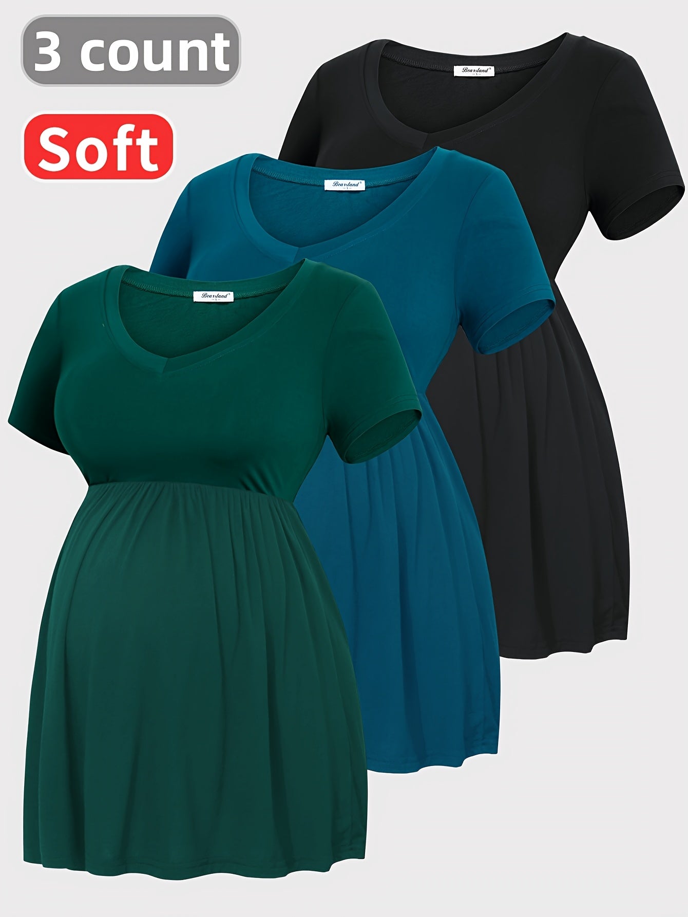 Maternity T-Shirts Soft and Comfortable Summer  3-Pack| Short Sleeve V-Neck, Pleated Hem, Medium Stretch Fabric for Pregnant Women