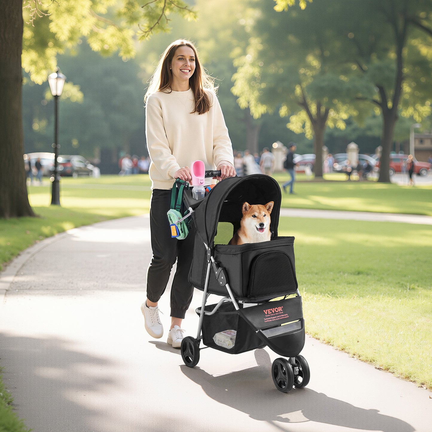 Foldable 3-Wheel Heavy-Duty Pet Stroller Cart Suitable for Small to Medium Dogs & Cats - Portable Dog Carrier Cart with Brake System, Cup Holders, Mesh Ventilation & Foldable, 35 Lbs Weight Capacity for Travel, Vet Visits, Ou