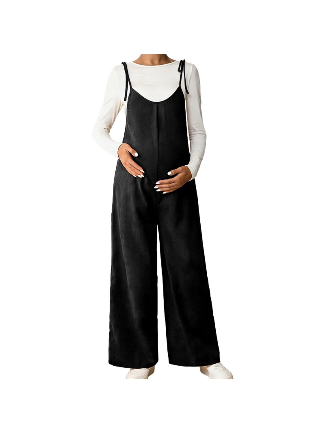 Maternity -  Strappy High Waist Wide Leg Jumpsuit Loose Fit Comfortable Belly Support Versatile Pregnancy Pants