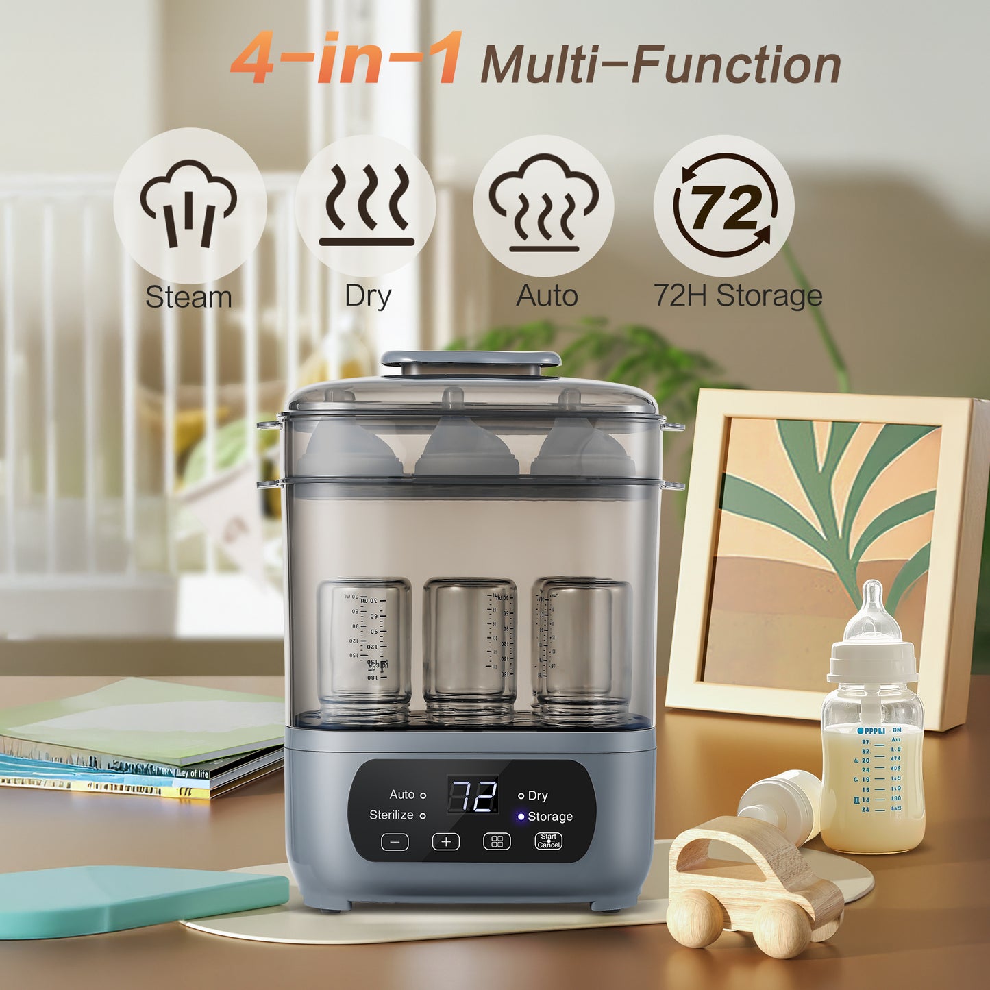 Baby Bottle Steamer and Dryer, 4-in-1 Universal Fit for All Bottles, Easy Control Electric Steam Bottle Dryer for Baby Stuffs & Breast Pump Accessories, LED Touch Screen, Auto Shut-Off, 2 Colours