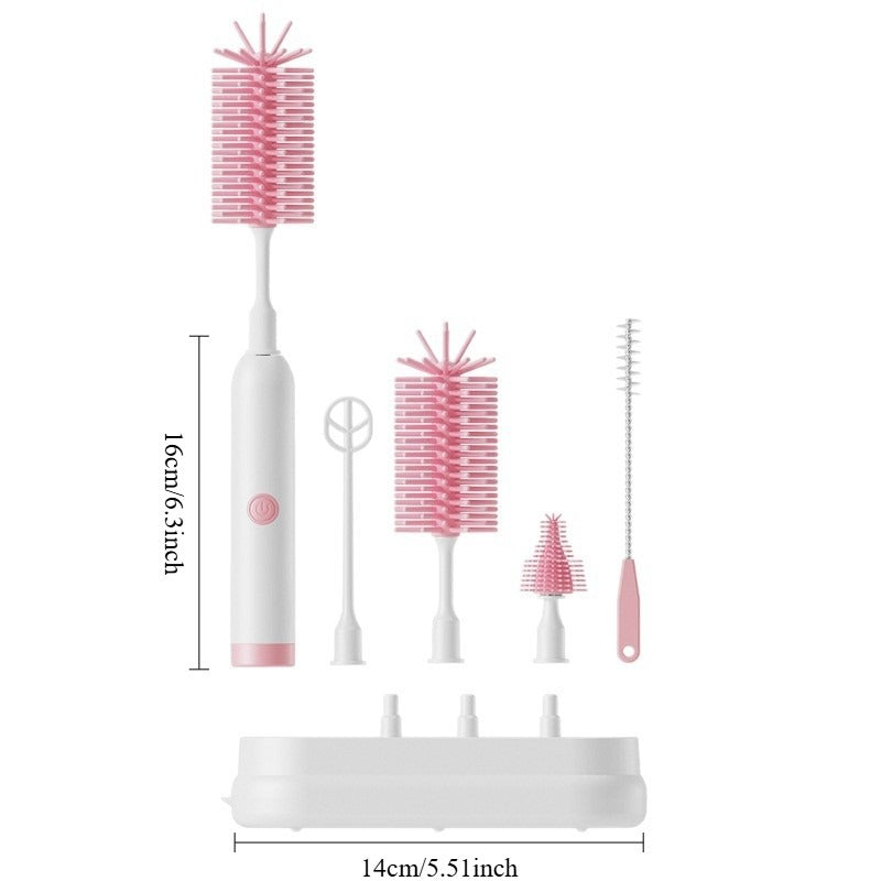 Electric Rechargeable Baby Bottle Cleaner System - Automatic Brush & Drying Rack, Space-Saving Multi-Component Kit for Bottles, Nipples, Straws - Plastic Travel Bottle Brush Care Kit