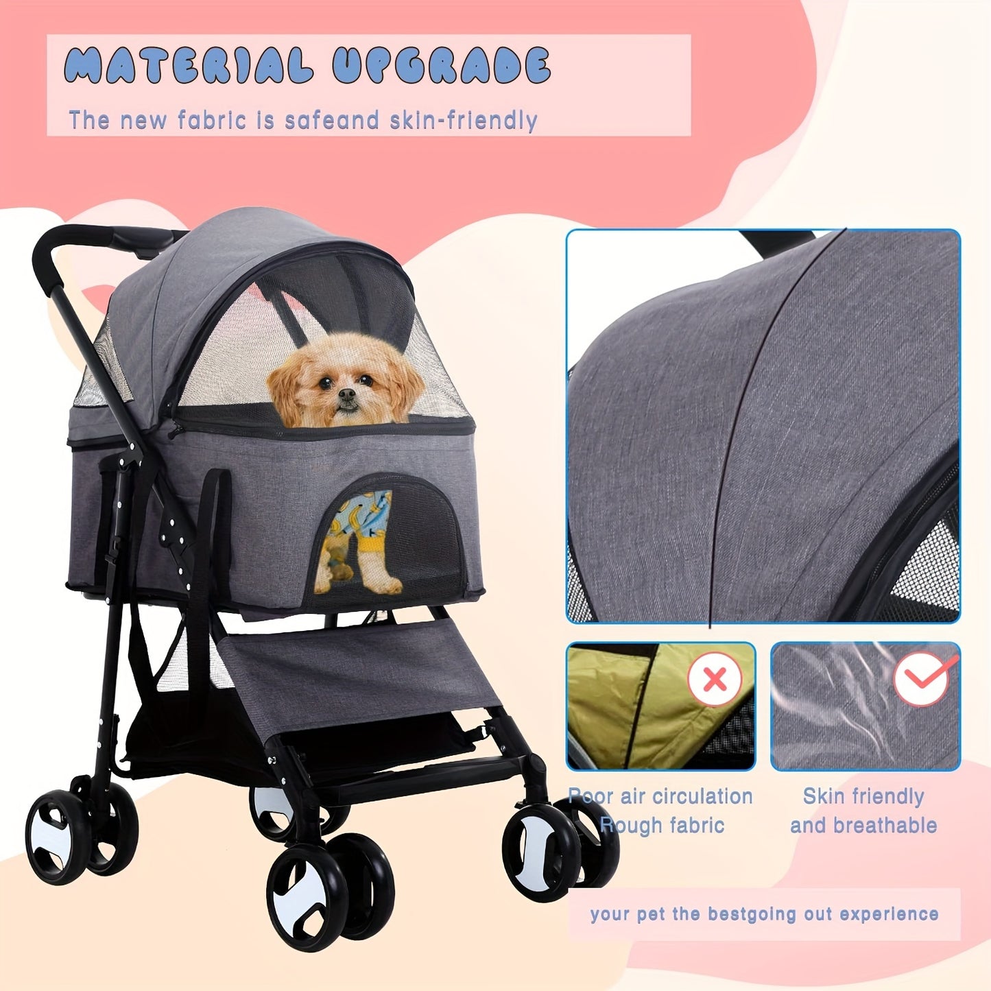 3-in-1 Multifunction Dog Stroller Pet Cat Premium | Jogger Stroller for Medium Small Dogs Cats Detachable Carrier with Storage Basket Waterproof Lightweight Folding for Travel