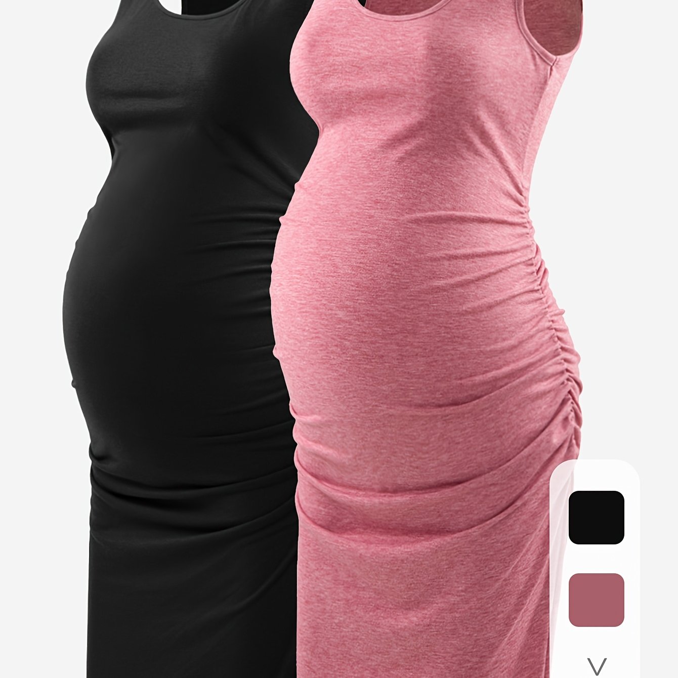 Maternity Tank Dresses - Women's Comfortable Crew-Neck Sleeveless Ruched Summer Dresses for Pregnant Women, All Seasons, Pregnancy Announcement Dresses - 2PCS