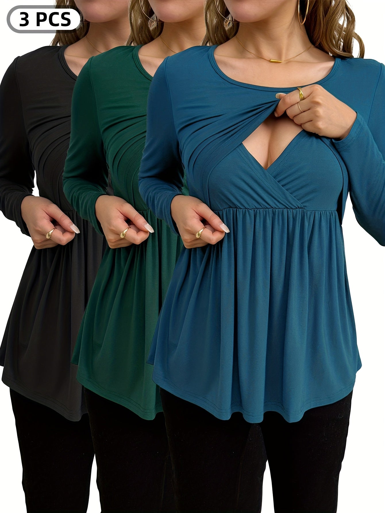 Nursing Tops Long Sleeve Tops with  Breastfeeding Access - Stretchy Pregnancy Shirt, Non-Slip Breastfeeding Friendly, Easy-Care Everyday & Dressy Casual Wear for Women, 3PCS - Black/Teal/ Olive Green - Spring/Fall/Summer