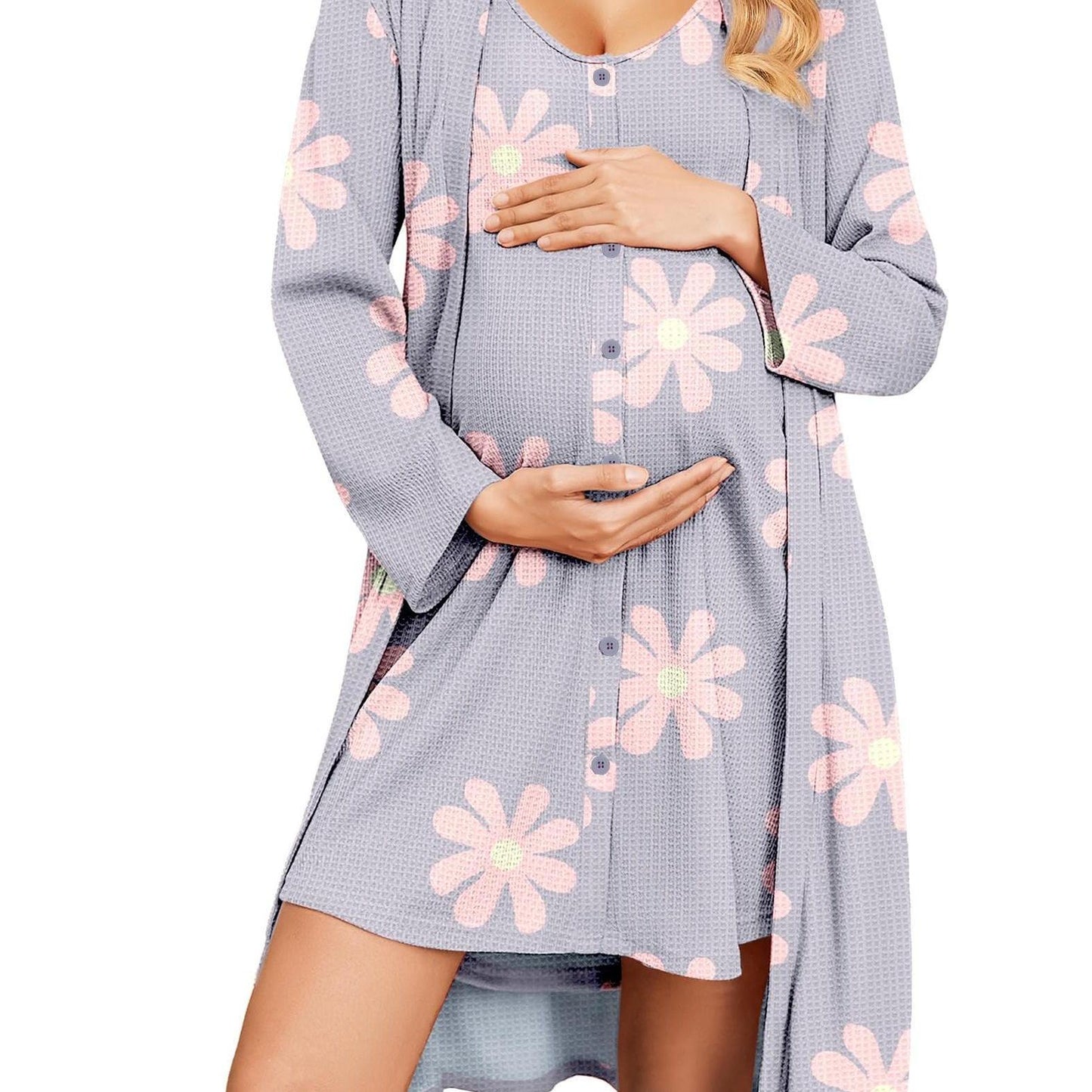 Nursing Maternity Nightgown and Robe Set - 2pcs,  Suitable for Prenatal And Postpartum Lounge wear
