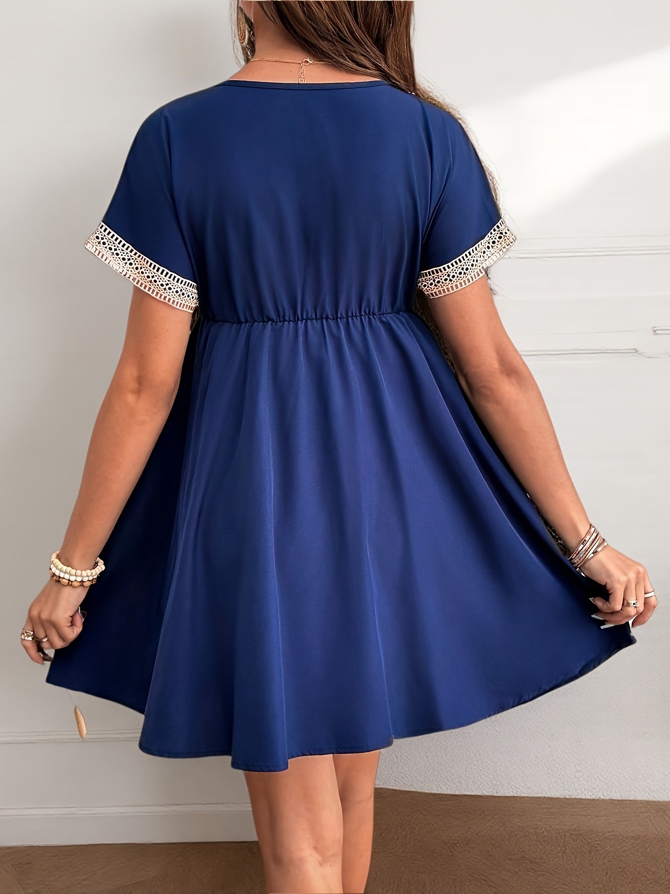 Maternity V-Neck - Ruffle Trim - Short Sleeve Dress | Medium Stretch, Solid Color, Flared Hem, Ideal for Spring and Summer