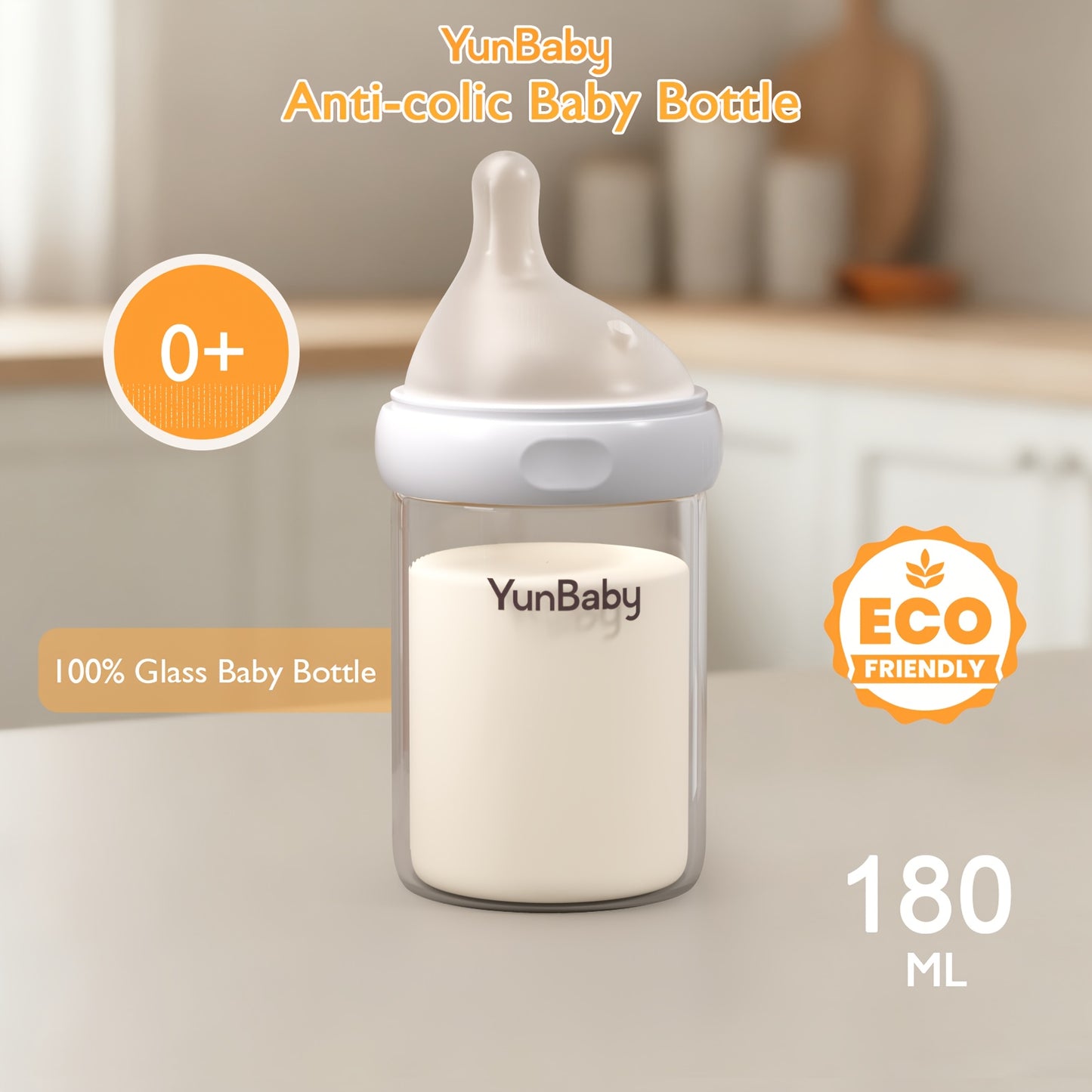 Natural Glass Baby Bottle | For Breastfeeding Babies, Newborn Anti-Colic Bottle Set With Slow Flow Nipple, 0+ Months, 6.9 Oz, 180ML, White, BPA-Free, Durable & Easy To Clean, Perfect Christmas Gift