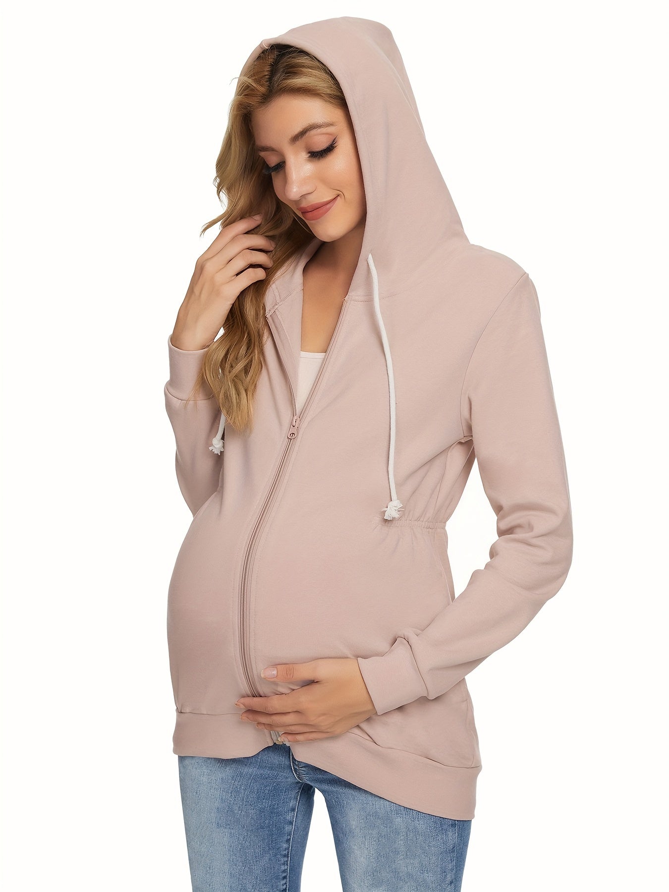 Maternity Tops Cinched-Waist Hoodie Sweatshirts Long Sleeve Pregnancy Clothes