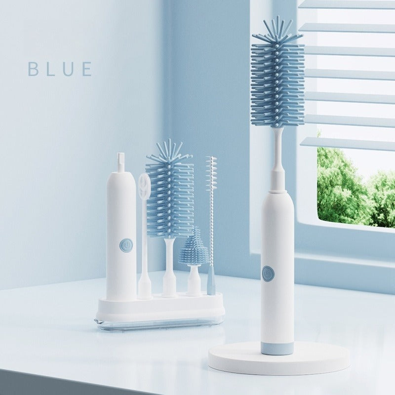 Electric Rechargeable Baby Bottle Cleaner System - Automatic Brush & Drying Rack, Space-Saving Multi-Component Kit for Bottles, Nipples, Straws - Plastic Travel Bottle Brush Care Kit
