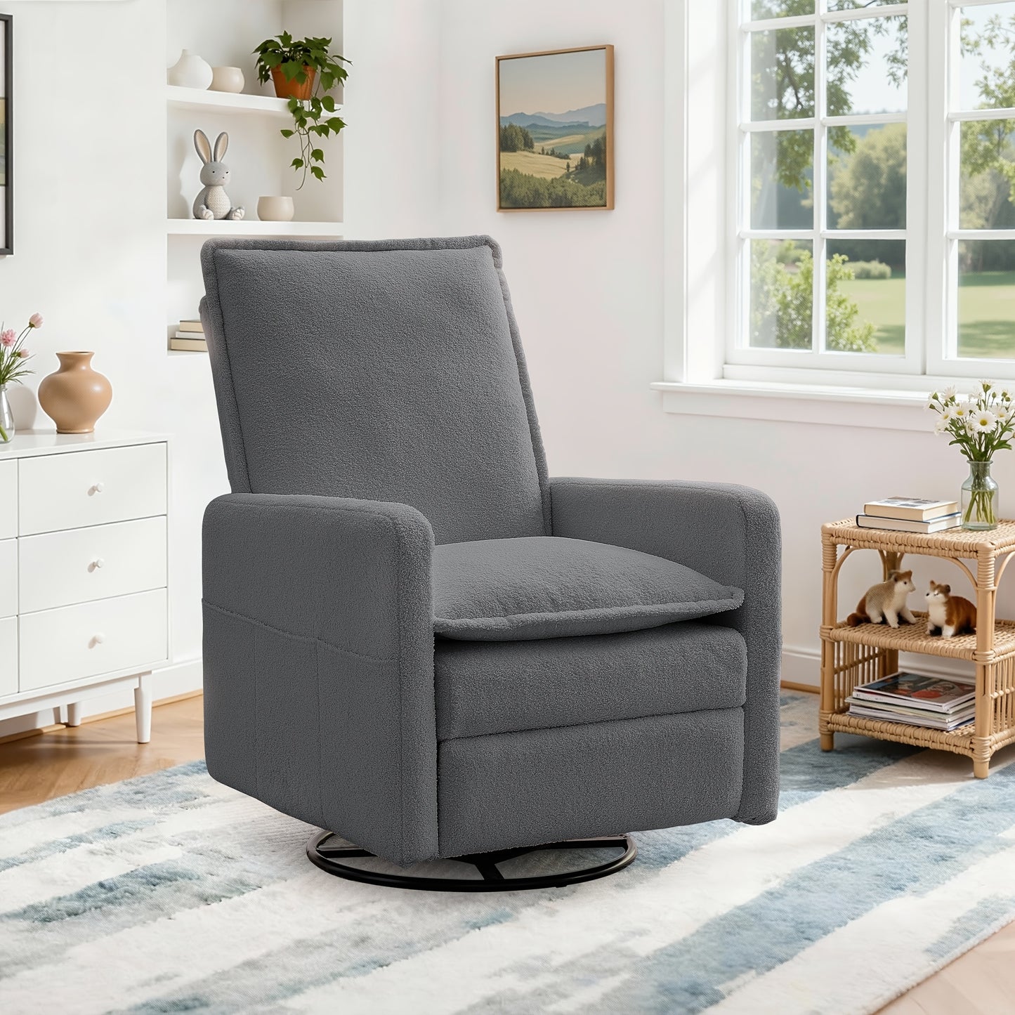 Single Rocking Chair | Teddy Fleece Material, Comfortable Multi-layer Cushion, Manually Adjustable Backrest, Side Pockets, Easy to Assemble