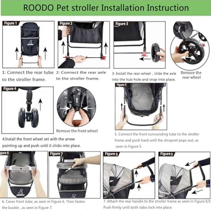 ROODO Escort 3 Wheel Pet Stroller for Small Medium Dogs Cats | Best Lightweight Foldable - All Terrain Travel Gear System, Grey, Made of Linen and Alloy Steel