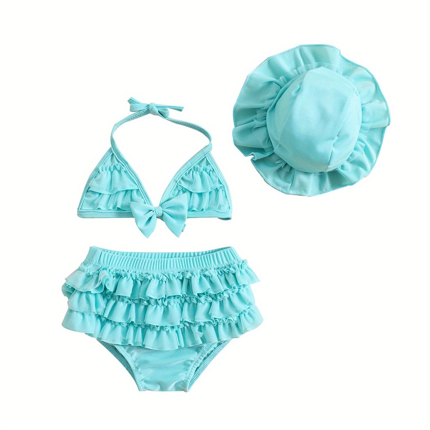 (3-36M) Baby Girls Summer Swimwear Outfit Sets Hanging Neck Tops + Layered Ruffle Shorts + Hat 2pcs bathing suit