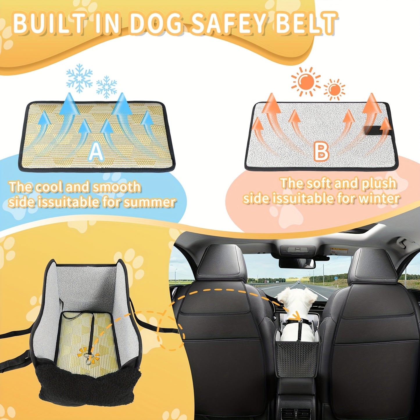 Comfortable Central Console Small/ Medium Dog/Cat Car Seat holds up to 12lbs/ 13.5in, Portable Cozy Booster Car Seat, Deluxe Pet Car Seat for Dogs & Cats with Safety Harness, Breathable Mesh & Soft Padding - for Safe & Comfor