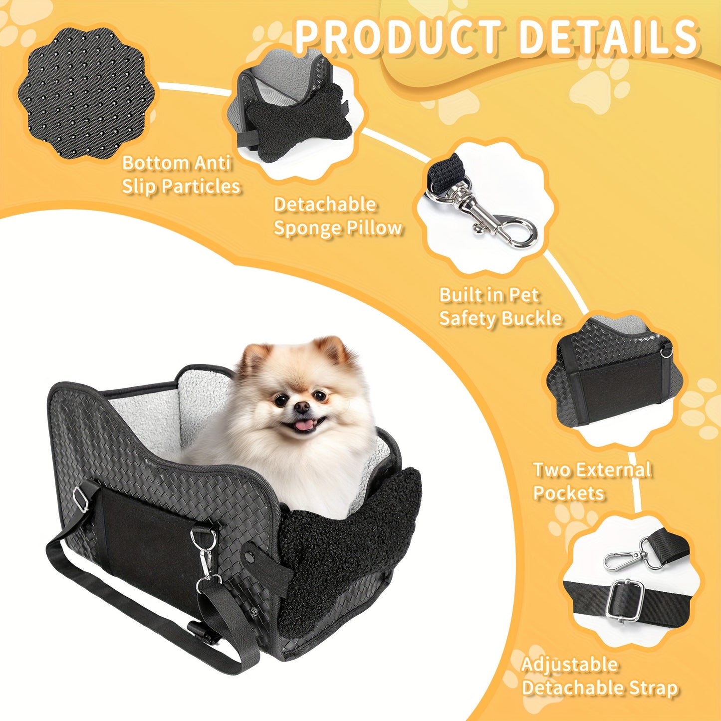 Comfortable Central Console Small/ Medium Dog/Cat Car Seat holds up to 12lbs/ 13.5in, Portable Cozy Booster Car Seat, Deluxe Pet Car Seat for Dogs & Cats with Safety Harness, Breathable Mesh & Soft Padding - for Safe & Comfor