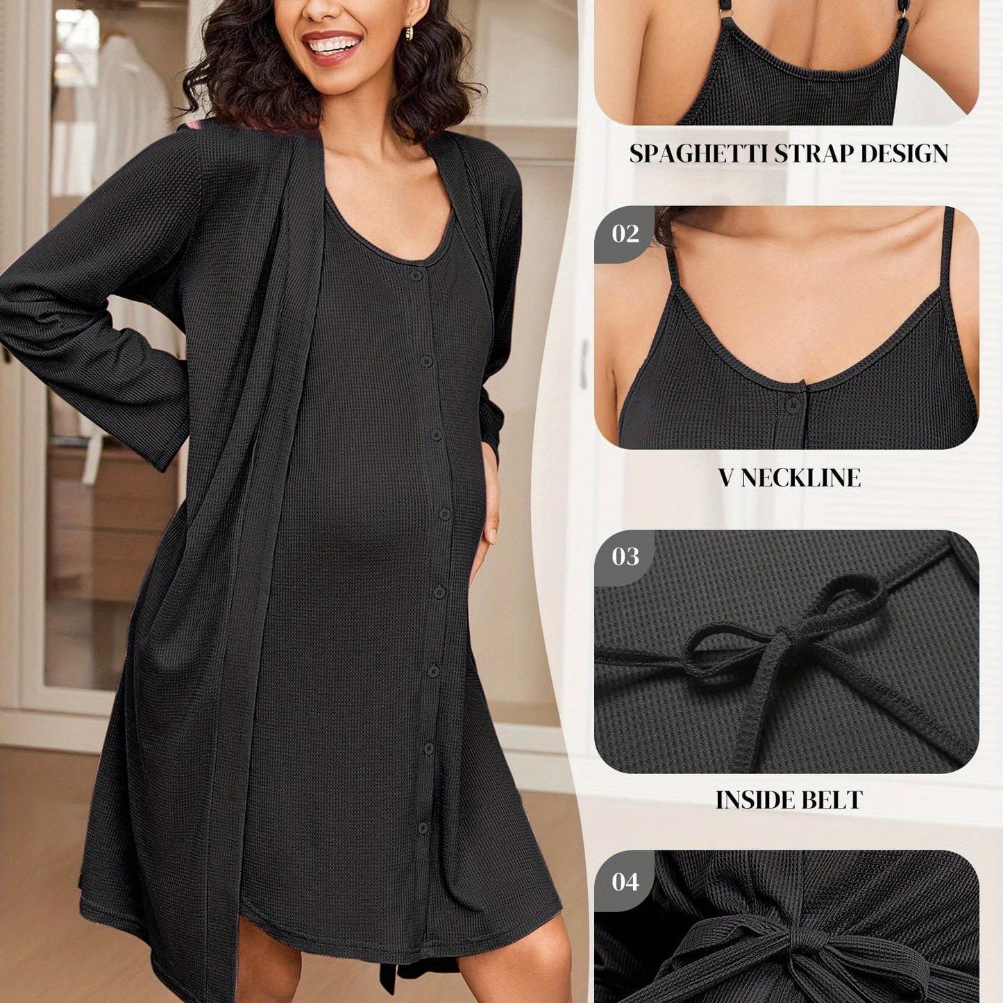 Nursing Maternity Nightgown and Robe, 2 pc, Suitable for Prenatal and Postpartum Loungewear