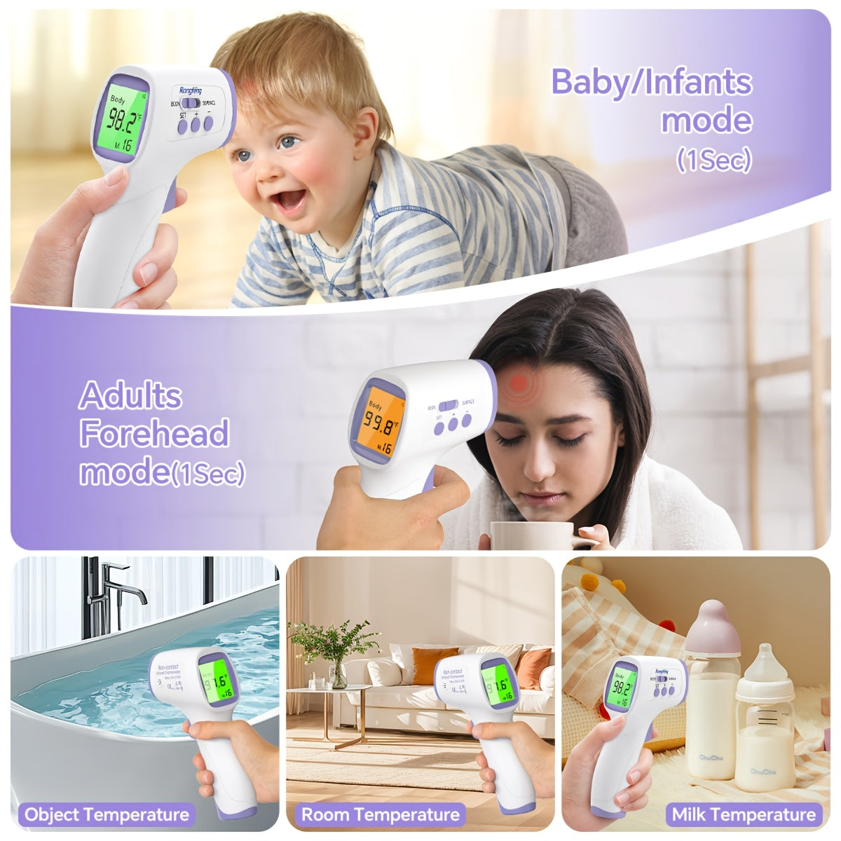 3-in-1 Contactless Forehead Thermometer for All Ages & with LCD Display, Fever Alarm, Silent & Memory Modes - Non-Contact Infrared Thermometer Suitable for Health Monitoring, Travel, Childcare - Ideal Gift!