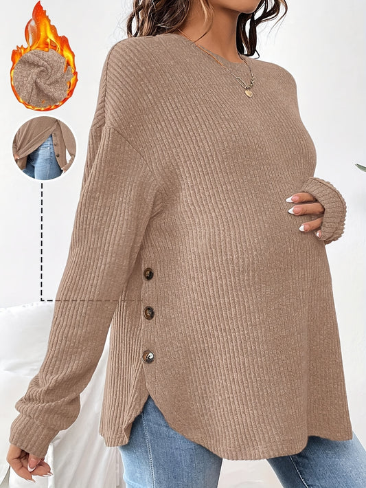 Maternity Long Sleeve Lined Knit Pullover Top With Adjustable Buttons, Round Neck, Perfect For Daily Wear AutumnWinter